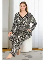 Zebra Desenli Uzun Kollu Düğmeli Büyük Beden Viskon Lady Pijama Takımı 11377 Siyah