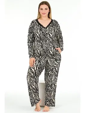 Lady Zebra Desenli Uzun Kollu Düğmeli Büyük Beden Viskon Lady Pijama Takımı 11377 - Alternatif Görünüm