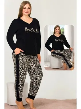 Lady Zebra Pijama Uzun Kollu V Yakalı Viskon Lady Pijama Takımı 11397