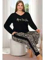 Zebra Pijama Uzun Kollu V Yakalı Viskon Lady Pijama Takımı 11397 Siyah detay görünüm