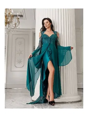 İmaj Zümrüt 2li Saten Gecelik Takımı Transparan Dantel İmaj 3204