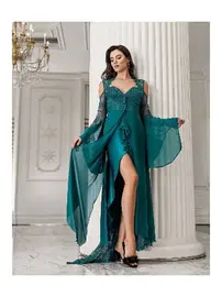 İmaj Zümrüt 2li Saten Gecelik Takımı Transparan Dantel İmaj 3204