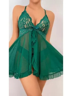 Ruselin Zümrüt Yeşili Dantel İşlemeli Kısa Fantezi Kadın Geceliği Ruselin 2114