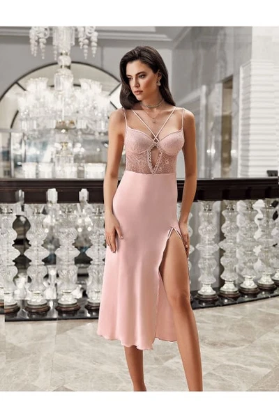 2li Pudra Saten Fantazi Gecelik Takımı Transparan Dantel Detaylı İmaj 3202