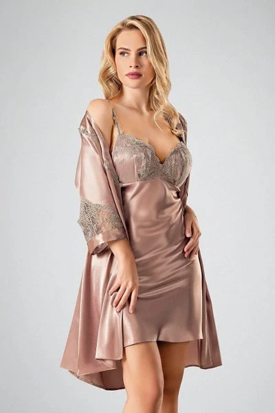 2li Sabahlıklı Saten Dantelli Gecelik Takım Vizon Ahu 7708