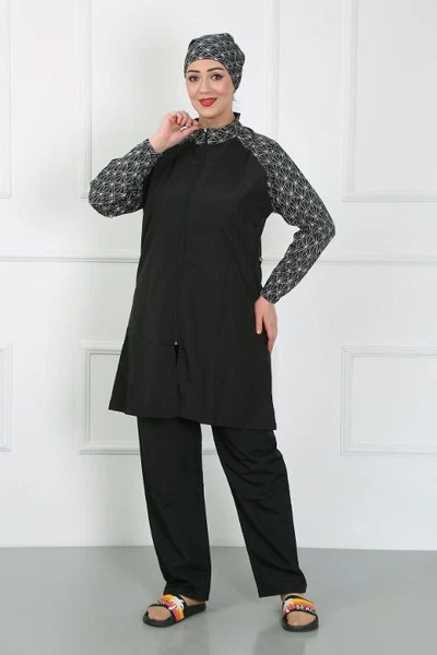 Büyük Beden Desenli Tesettür Mayo Siyah Akbeniz 44030