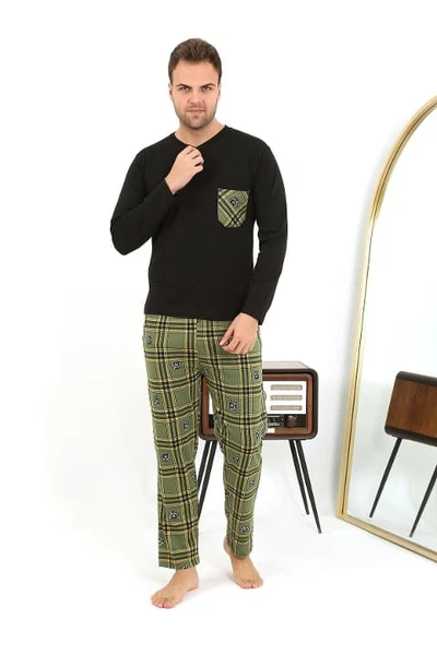 Yakası Düğmeli Uzun Kollu Penye Siyah Erkek Pijama Takımı Akbeniz 6861