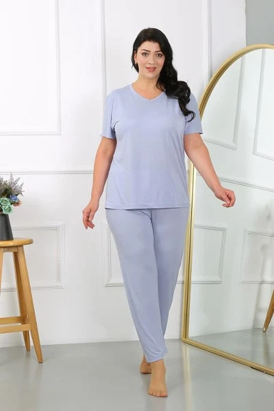 Kısa Kollu Kadın Büyük Beden Penye Pijama Takımı Lila Akbeniz 202405