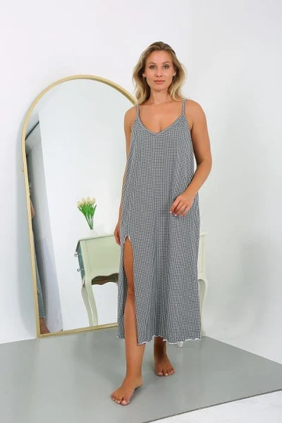 Ekoseli Büyük Beden İp Askılı Pamuk Uzun Kadın Gecelik Akbeniz 12108