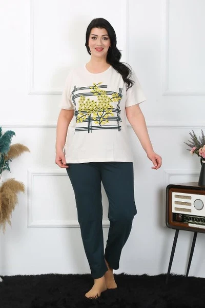Kısa Kollu Büyük Beden Krem Kadın Pijama Takımı Akbeniz 202402