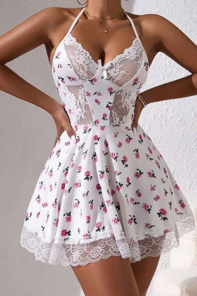 Beyaz Çiçek Desenli Boyundan Bağlamalı Gecelik Bella Notte 15769