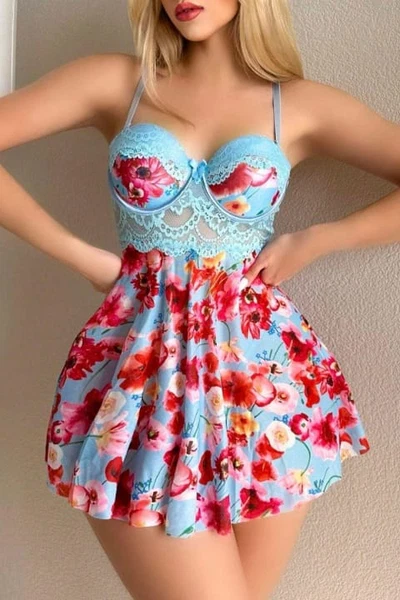 Mavi Rüya Gecesi Çiçekli Askılı Mini Gecelik Bella Notte 15628