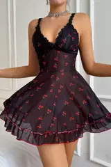 Siyah Kiraz Baskılı Transparan Akılı Gecelik Bella Notte 15901