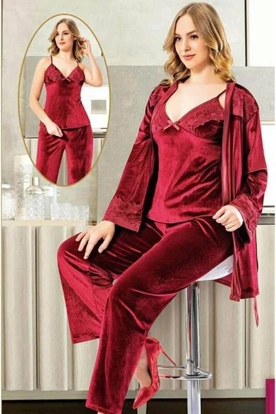 Bordo 3Lü Kadife Sabahlık Pijama Takımı XSES 5100