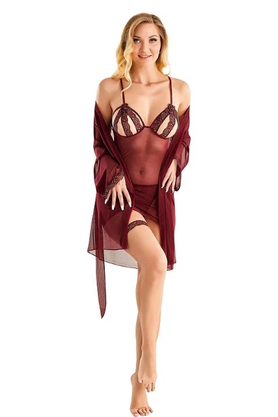 Bordo Dantel Tül Seksi Gecelik Sabahlık Takım Lily Bianca 9114