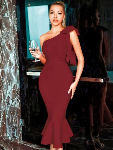 Bordo Seksi Uzun Elbise Pink Night 5545