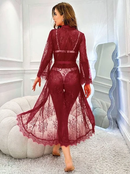 Bordo Tam Dantelli Uzun Sabahlık Pink Night 1322