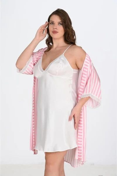 Büyük Beden 2li Beyaz-pembe Sabahlıklı Geceli Takımı Bigsize Ahu Lingerie 6210