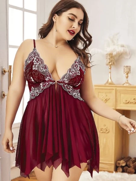 Büyük Beden Bordo Dantel İşlemeli Fantezi Gecelik Pink Night 6690