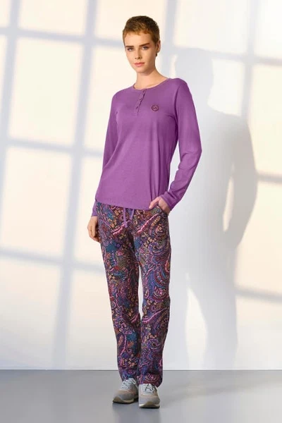 Büyük Beden Mor Desenli Uzun Kollu Kadın Pijama Takımı Doreanse 25K4039P