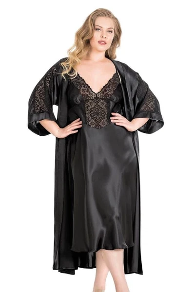 Büyük Beden Siyah Uzun İkili Saten Sabahlık Gecelik Takımı Ahulingerie 6173