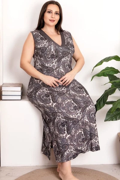 Büyük Beden Viskon Kumaş Anne Elbise Gri Çiçek Desenli Lady 7265