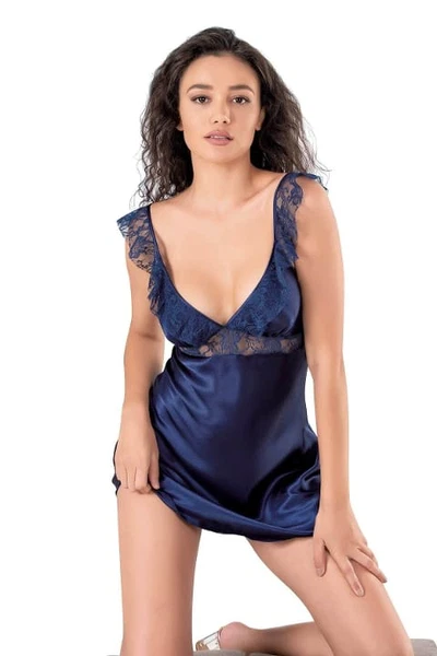 Dantel Askılı Lacivert Kısa Saten Gecelik Ahu Primoda 8108