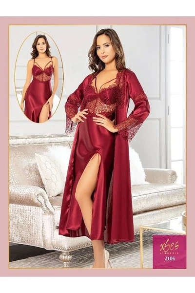 Derin Yırtmaçlı Saten Gecelik Sabahlık Çeyiz Seti XSES 2104
