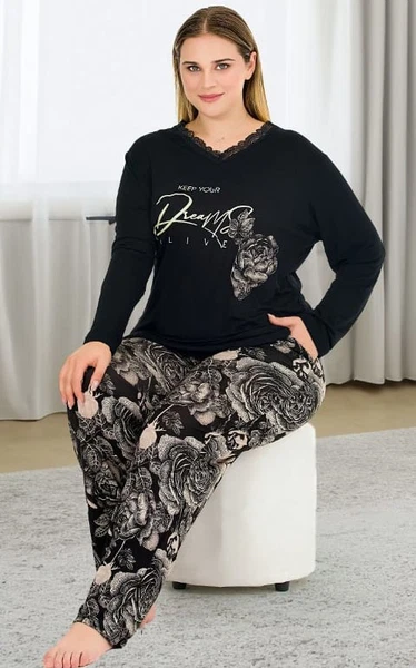 Desenli Büyük Beden Viskon Pijama Takımı Lady 11381