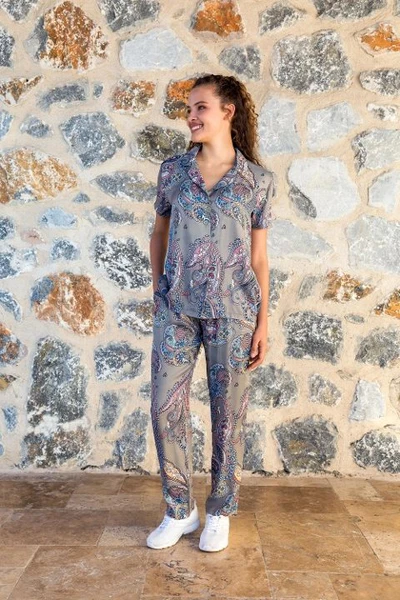 Desenli Kalpli Gömlek Yaka Kadın T-Shirt Pijama Takımı Doreanse 24Y4003