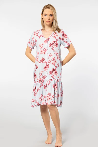 Kısa Kollu Dokuma Midi Düğmeli Kadın Elbise Türen 3603/Mavi