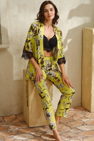 Çiçek Baskılı Dantelli Sabahlık Balenli Desteksiz Dolgusuz Büstiyer Pantolon Pijama 3'lü Takım Anıl 5747