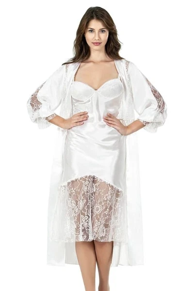 Ekru Uzun İkili Saten Sabahlık Gecelik Takımı Ahu 7628