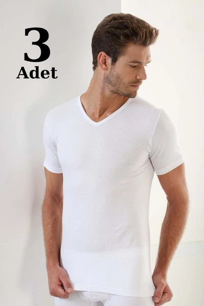 Erkek Beyaz Ribana V Yaka Tişört 3'lü Paket Arma Yıldız 1155 - 3 ADET