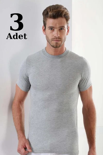 Erkek Premium Gri O Yaka Tişört Arma Yıldız 1004 - 3 ADET