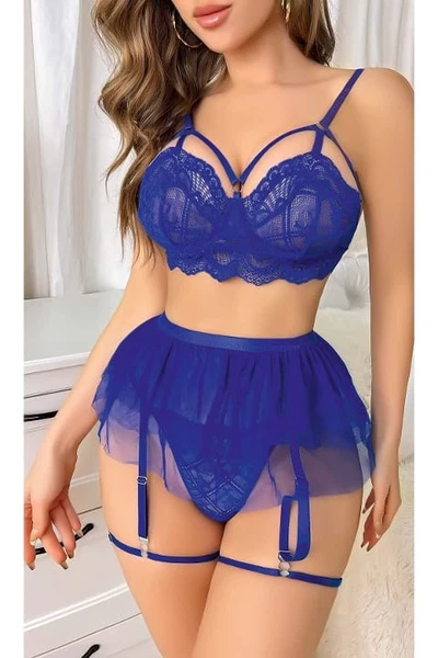 Fantazi Seksi Saks İpli Tüllü Dantel Jartiyer Takım Ruselin 2121