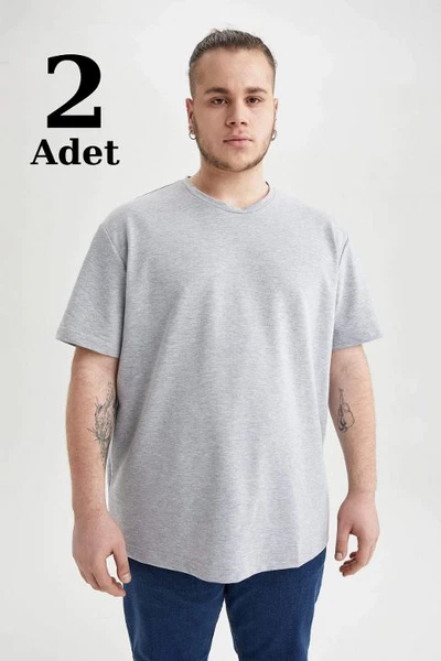 Gri %100 Pamuk Büyük Beden O Yaka Tişört 2li Paket Arma Yıldız 1161 - 2 ADET