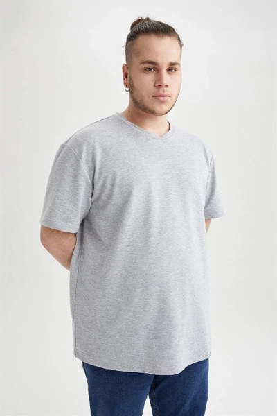 Gri %100 Pamuk Büyük Beden Sifir Yaka Tişört Arma Yıldız 9161