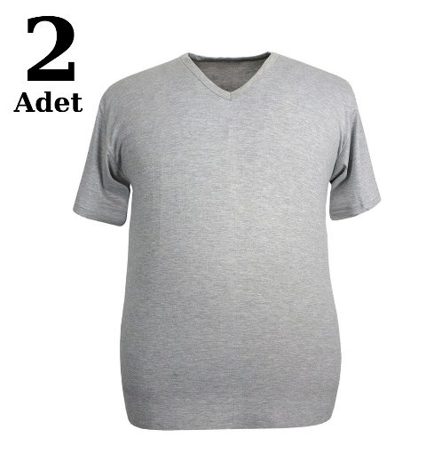 Gri %100 Pamuk Büyük Beden V Yaka Tişört 2li Paket Arma Yıldız 1160 - 2 ADET