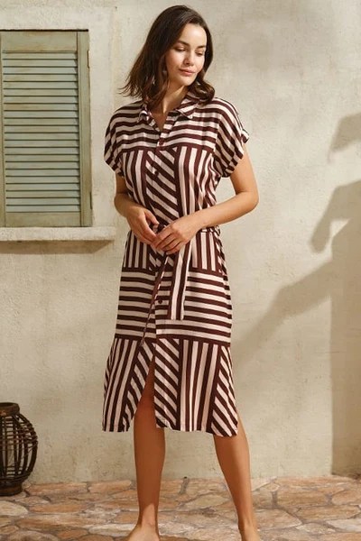 Günlük Kısa Kollu V Yaka Viskon Çizgili Yazlık Uzun Elbise Anıl 5751