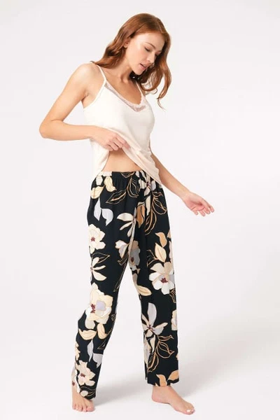 Çiçek Desenli İp Askılı V Yaka Viskon Bel Bağlamalı Dantelli Kadın Pijama Takımı Sabahlık Anıl 5796