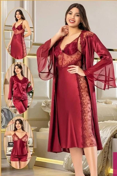 İspanyol Kol Transparan Dantelli Saten 6Lı Bordo Gelin Çeyiz Seti XSES 1005