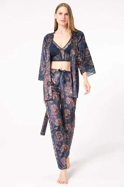 Kadife Çiçek Baskılı Sabahlık Balensiz Desteksiz Dolgusuz Dantelli Bralet Sütyen ve Pantolon Pijama 3'lü Takım Anıl 5680