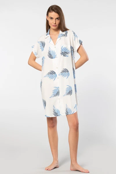 Gömlek Yaka Yaprak Desenli Dokuma Düğmeli Elbise Türen 3601