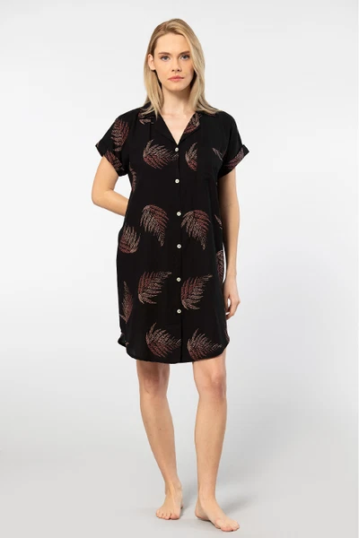 Yaprak Desenli Dokuma Düğmeli Kadın Elbise Türen 3601