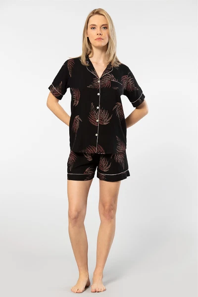 Yaprak Desenli Dokuma Kadın Şort Pijama Takımı Türen 3605