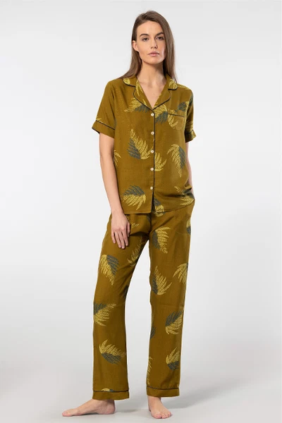 Cepli Kısa Kollu Dokuma Yaprak Desenli Pijama Takımı Türen 3604