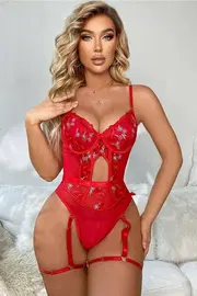 Kadın Kırmızı Transparan Çiçek Desenli Fantezi Babydoll For Dreams 8413