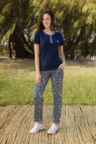 Kısa Kollu Lacivert Desenli Kadın T-Shirt Pijama Takımı Doreanse 4213