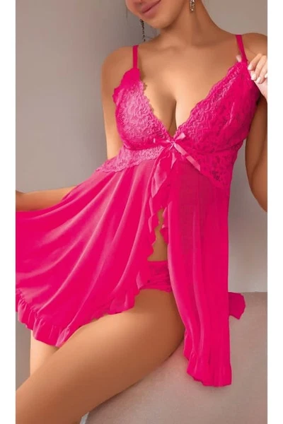 Kadın Seksi Pembe Dantel Detaylı Transparan Tül Fantezi Gecelik ve Tanga Takımı Ruselin 2113